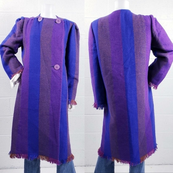 Vintage Pauline Trigere 60s Woven Wool Overcoat Purple Blue Size Medium - Picture 1 of 15